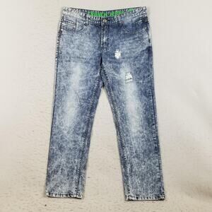 Crunch Jeans Mens 36x30 Blue Acid‎ Wash Straight Distressed Cotton Denim Pants